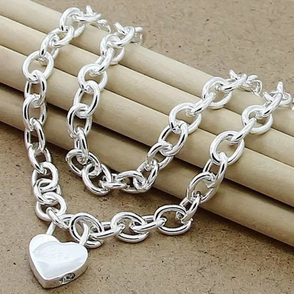 Sterling Silver Plated Heart Lock Chain Necklace - Picture 2 of 2